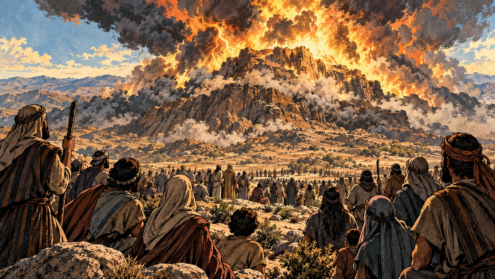 Israelites face fire and cloud above a bare mountain.