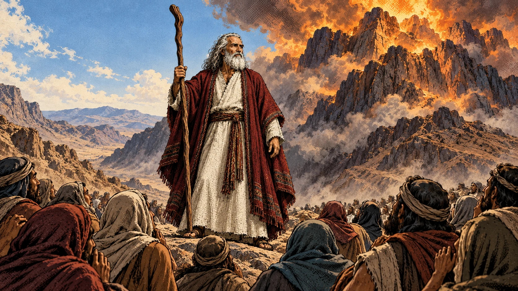 Moses stands before fearful listeners below mountain fire.