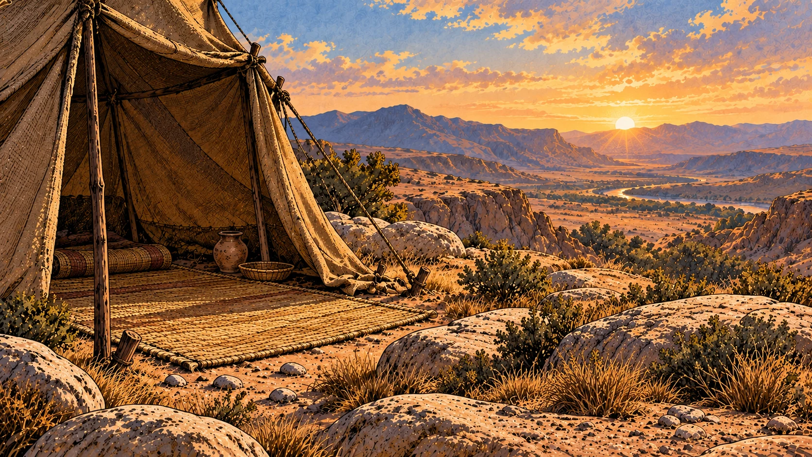 An empty woven mat and clay vessel stand inside a quiet tent.