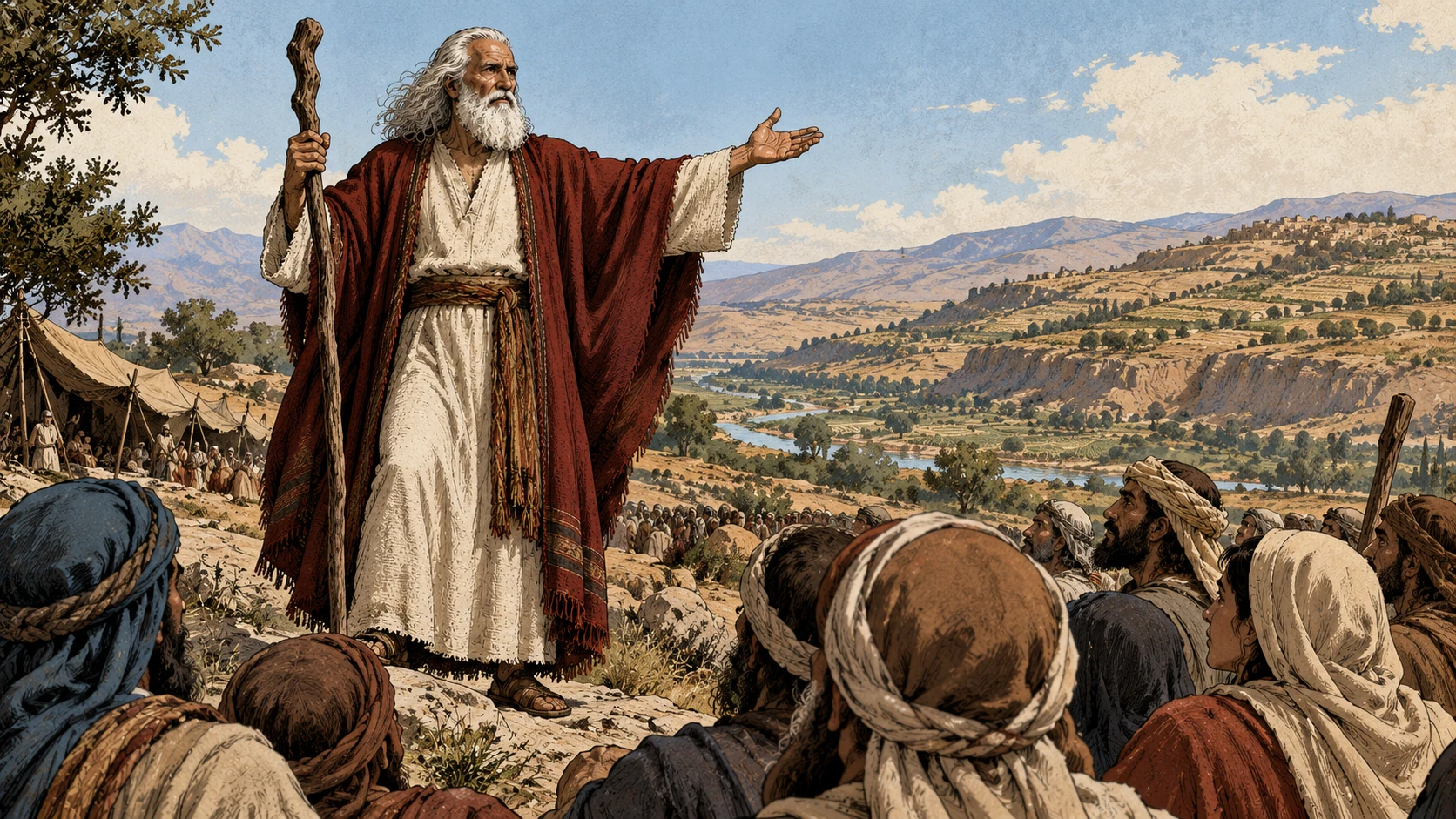Moses teaches attentive listeners beside the eastern camp.