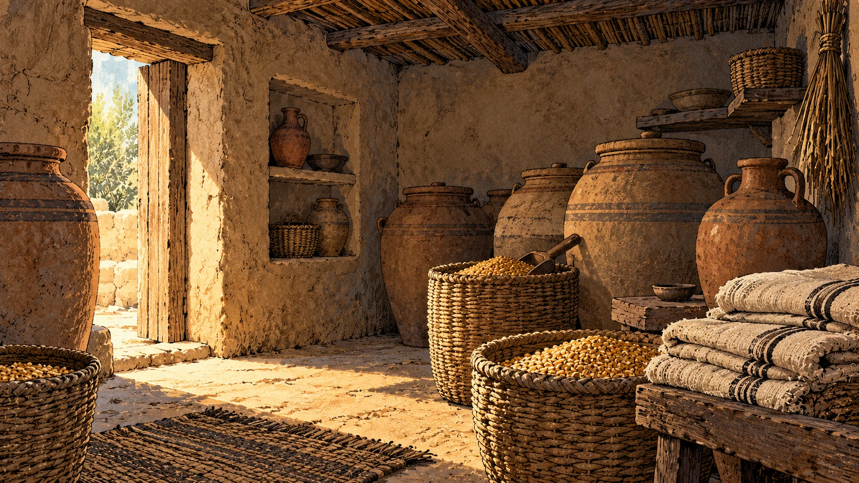 Jars, grain baskets and folded cloth fill a humble room.