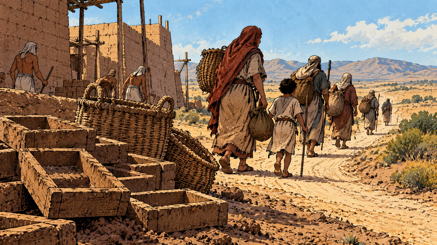Households leave an Egyptian work yard with brick molds and baskets.