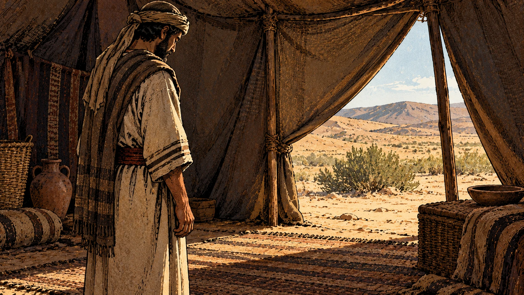 An anonymous adult stands quietly in a simple tent.