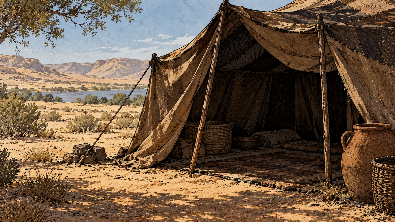 An empty tent interior lies in deep shadow.
