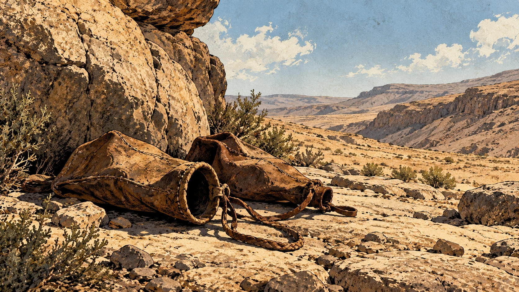 Empty water skins lie beside bare wilderness rock.