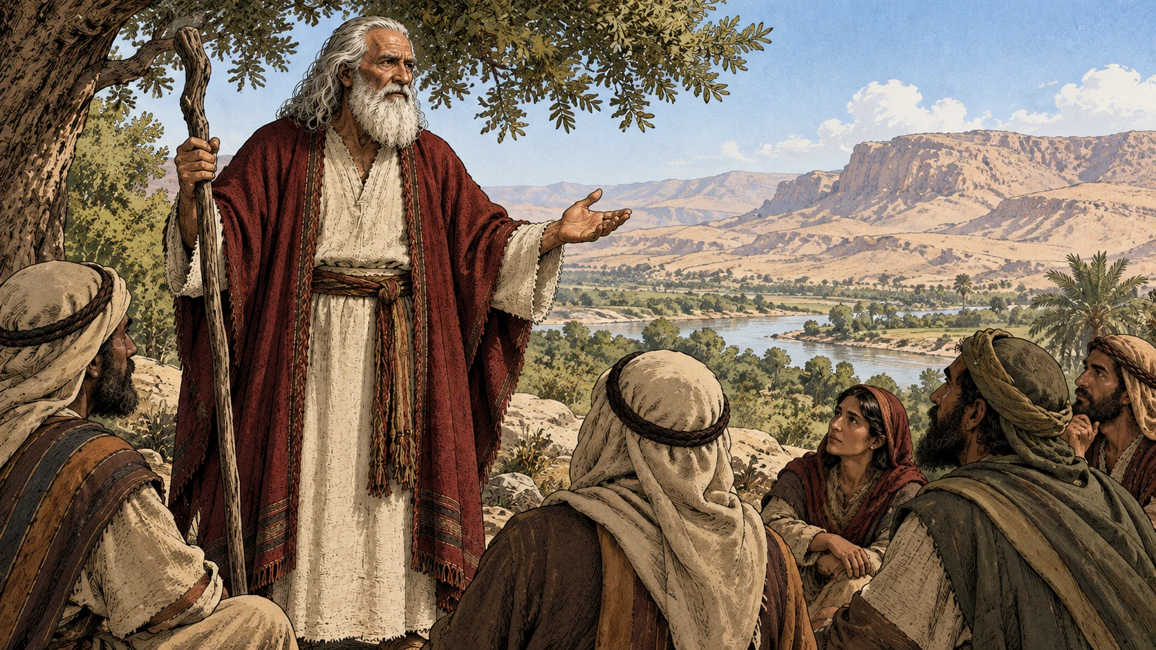 Moses teaches an attentive circle beneath a tree.