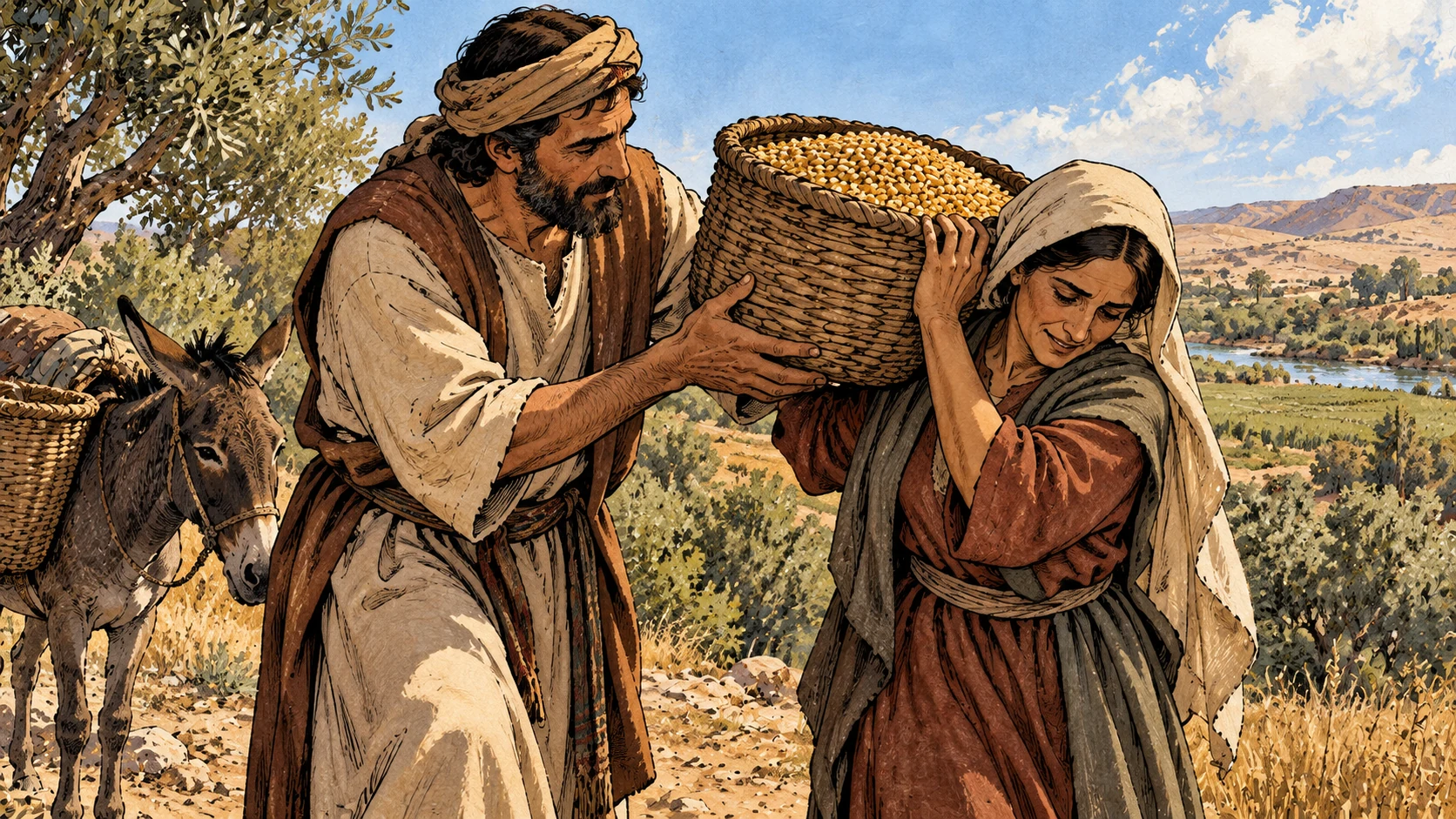 One adult helps another carry a grain basket.