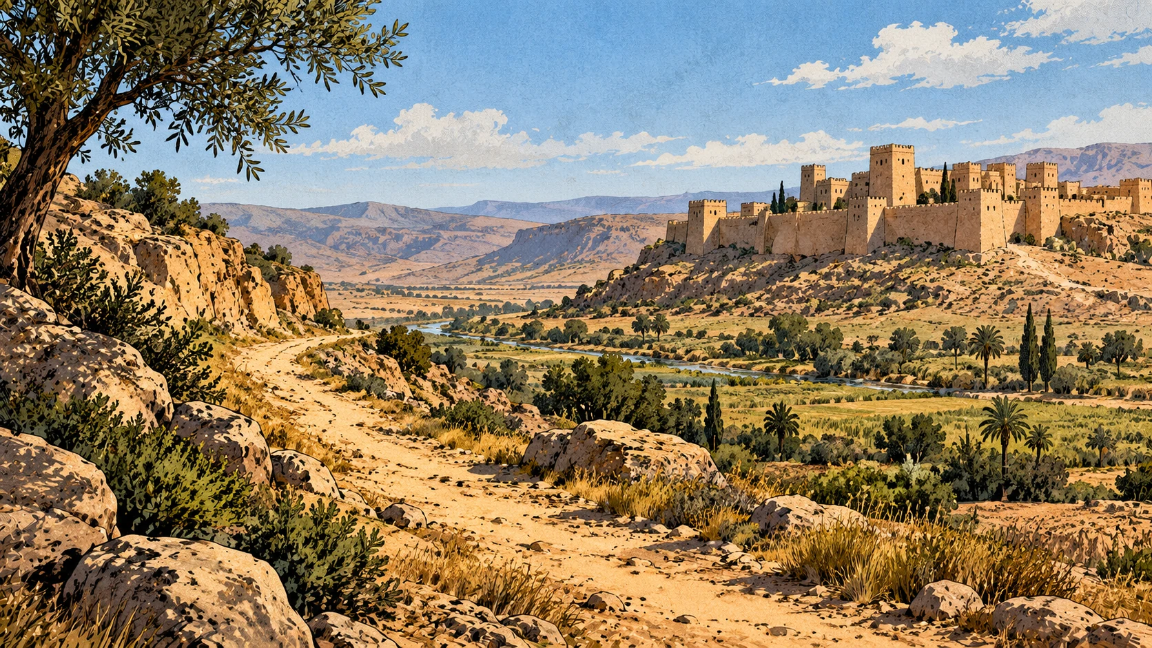 An open route passes below a distant fortified settlement.