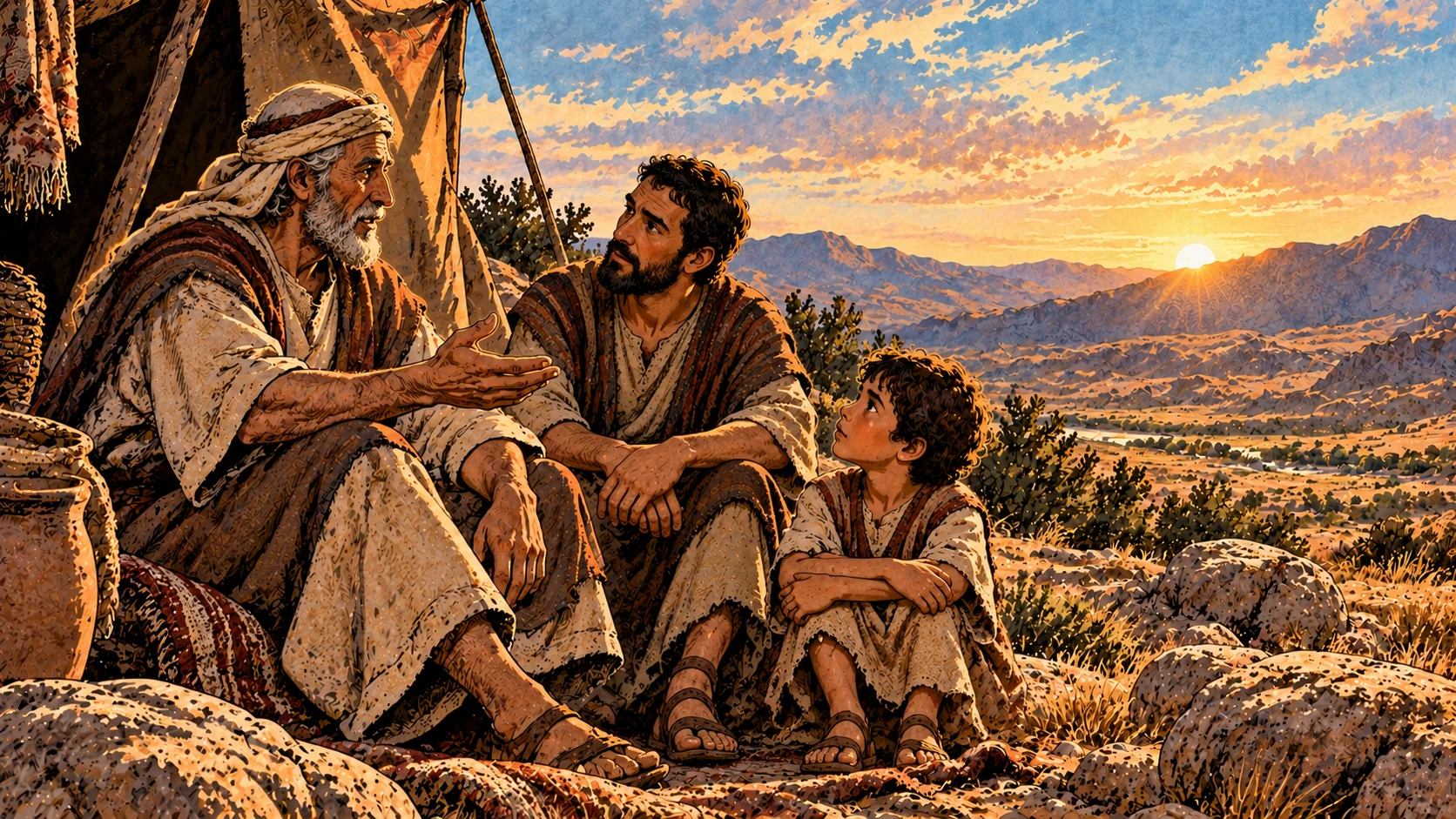 Three generations sit attentively beside a tent.