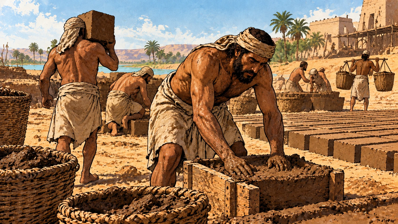 Anonymous laborers work with brick molds and carrying baskets.