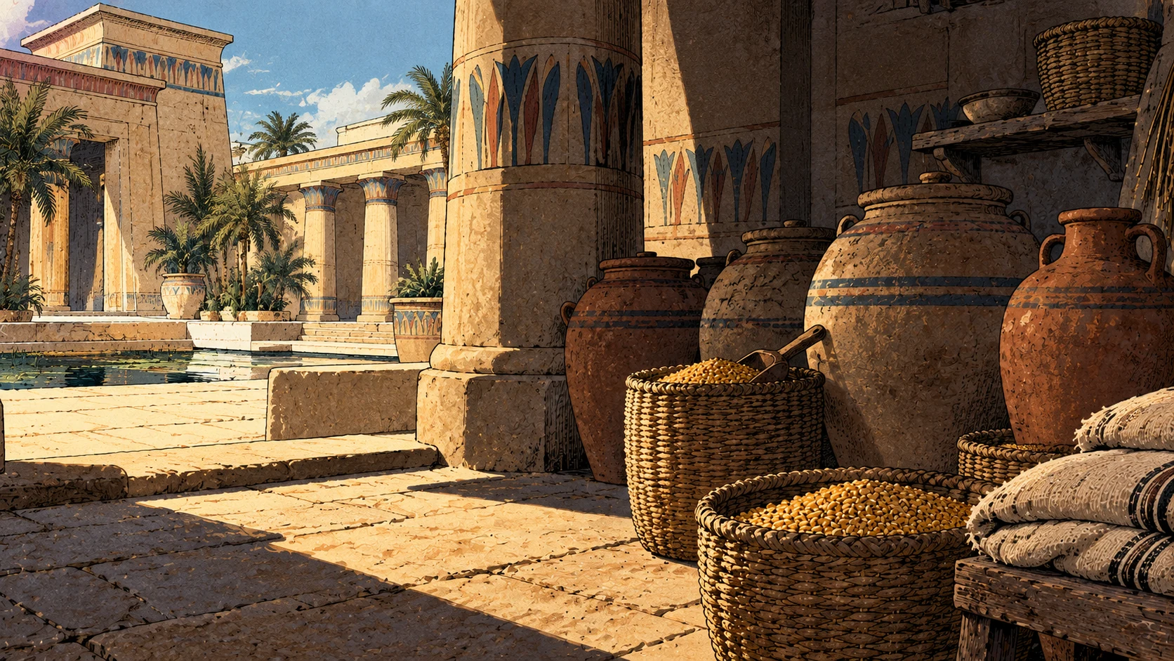 An empty Egyptian palace courtyard holds plain storage vessels.