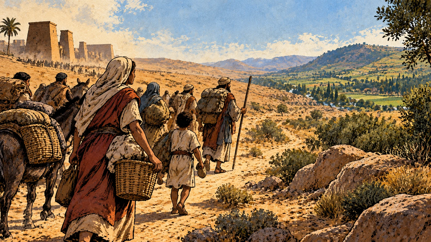 A road leads away from Egyptian buildings toward distant cultivated hills.