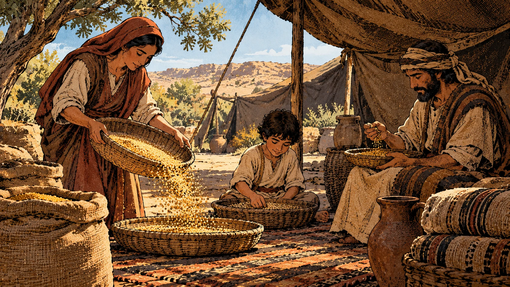 A household handles grain beneath a simple camp shelter.