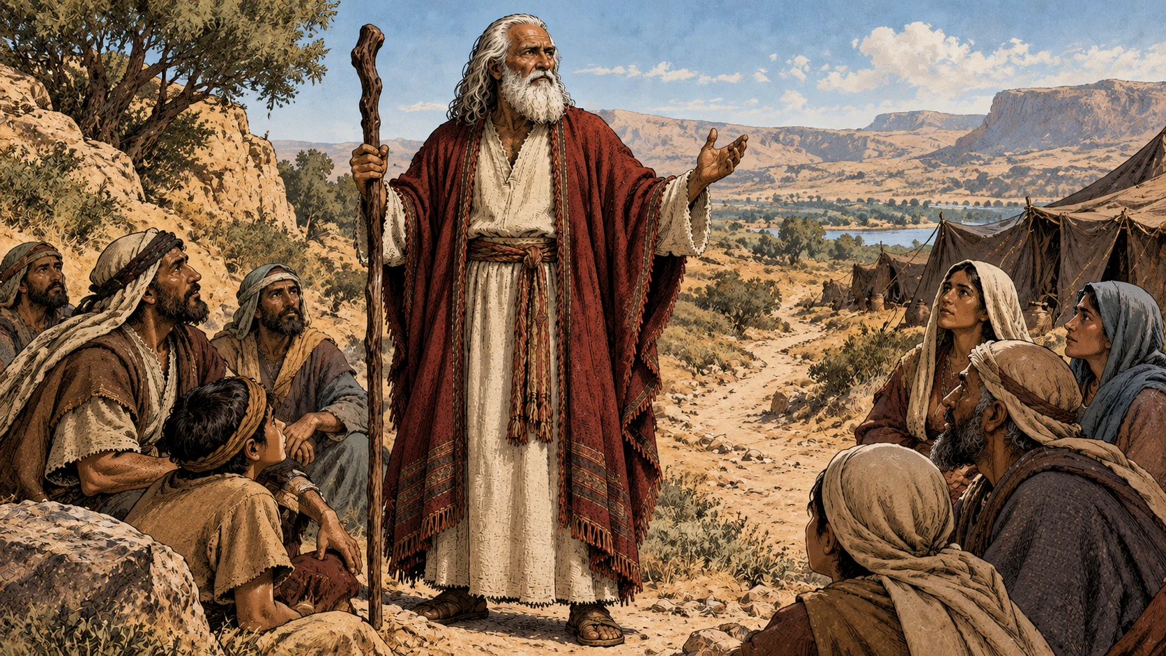 Moses stands among attentive people beside a clear camp path.