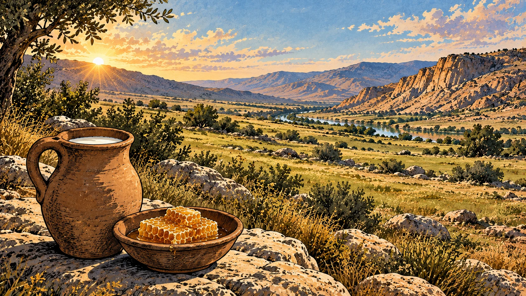 A milk vessel and honeycomb stand before open pasture.