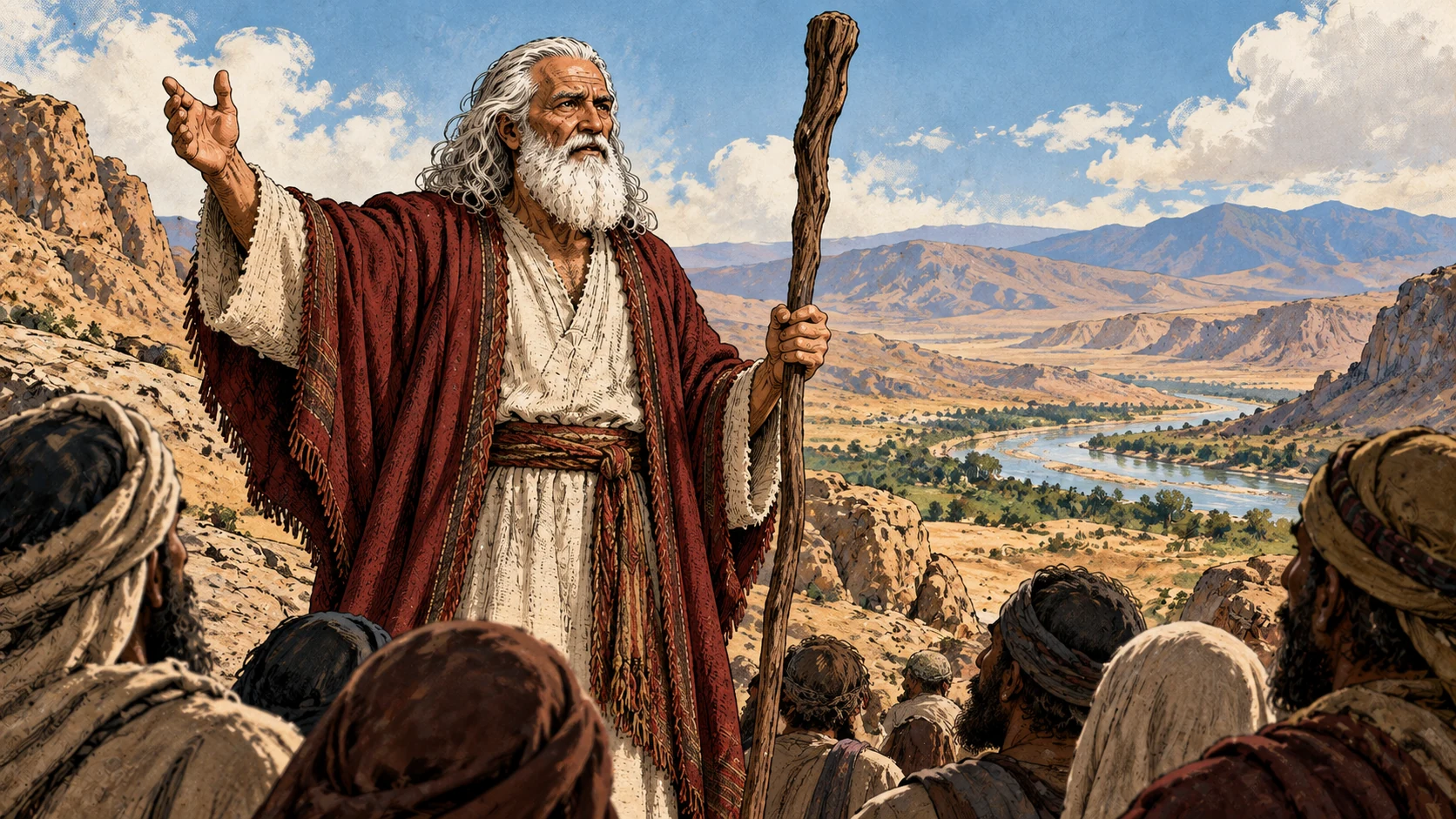 Moses addresses Israel with an open hand.