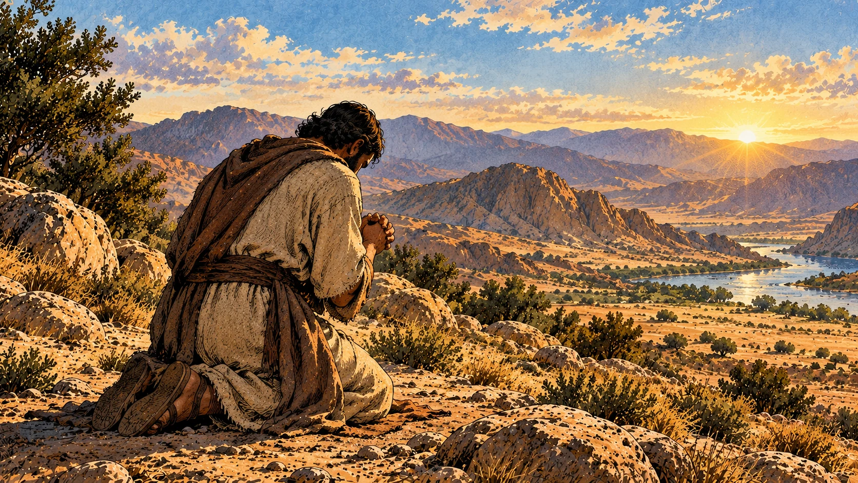 An anonymous adult kneels quietly on open ground.