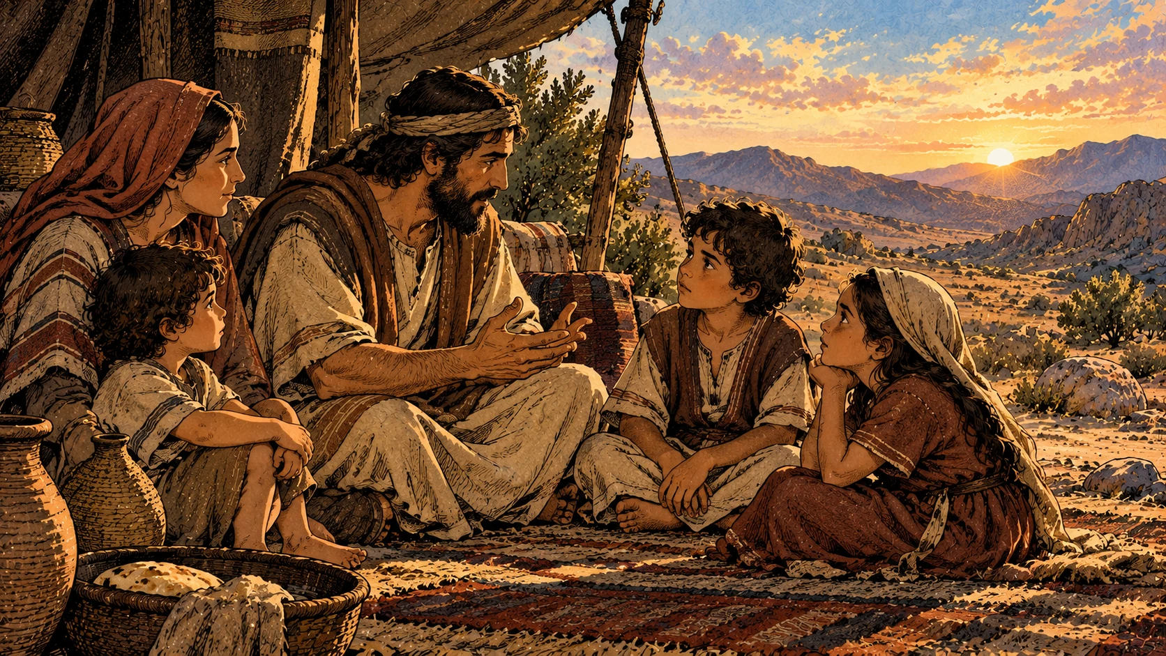A family sits together beneath a simple shelter.