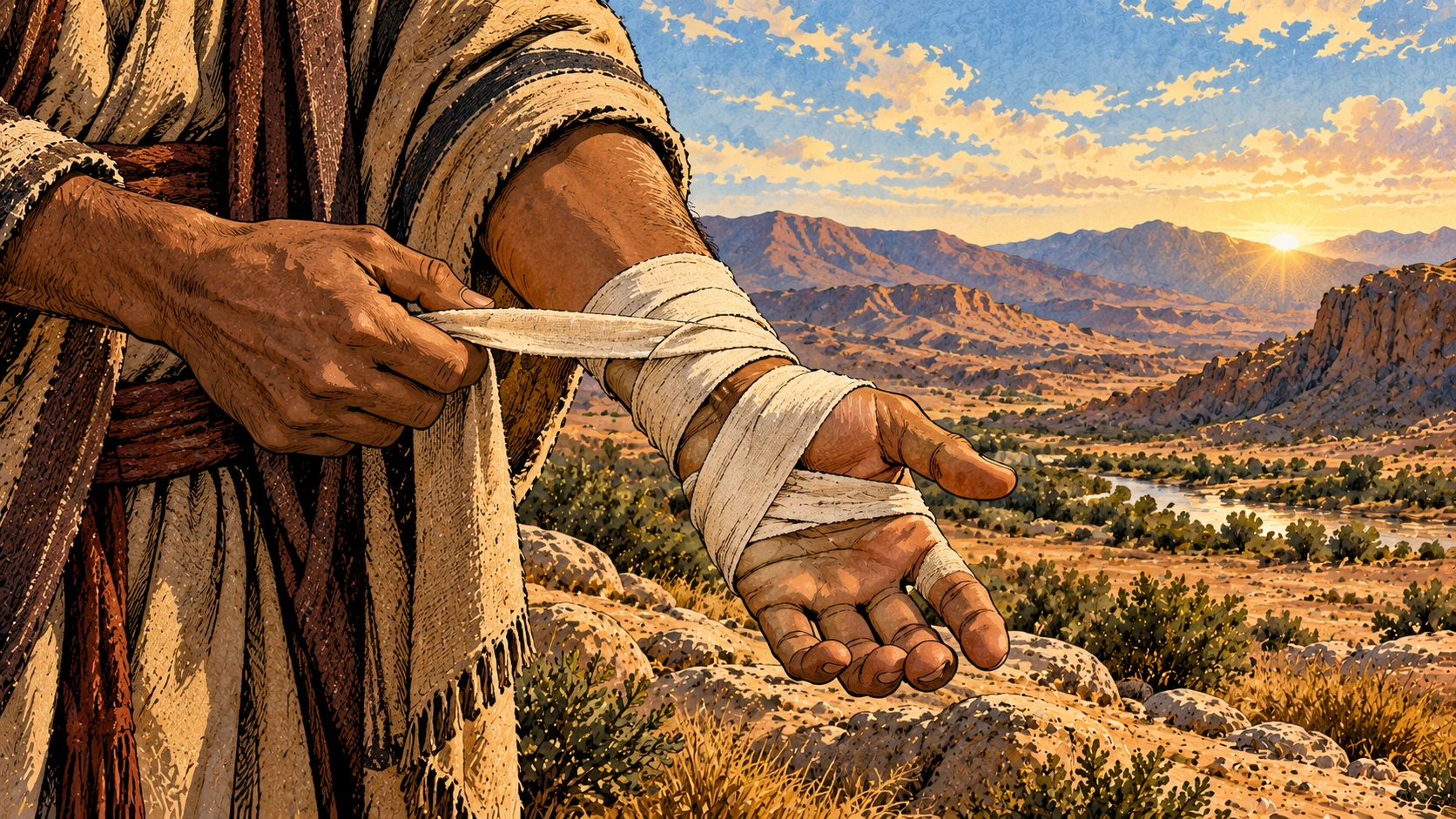 Plain cloth is bound around an anonymous hand.