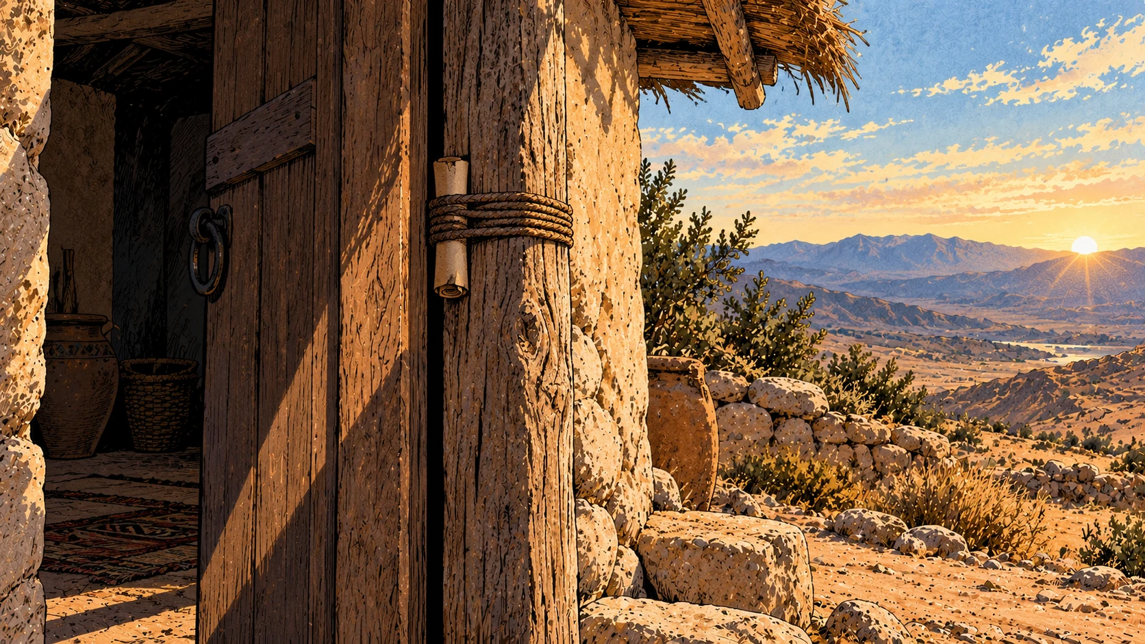 Concealed rolled material is bound beside a doorway.