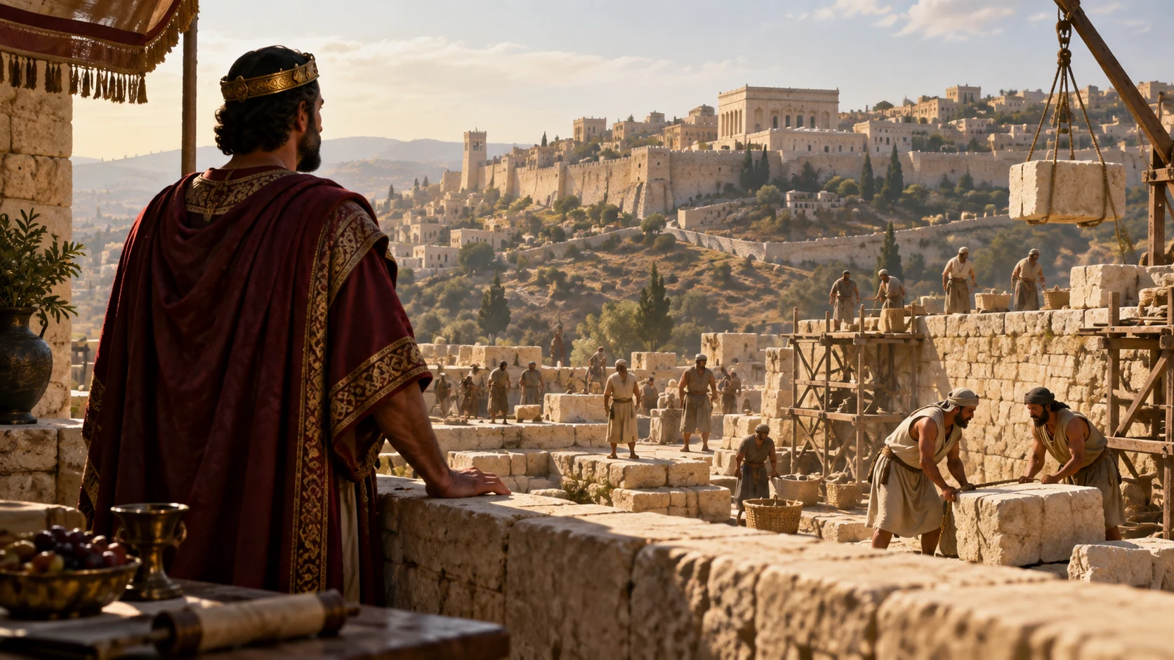 An unnamed observer surveys laborers working in a sunlit ancient hillside settlement.