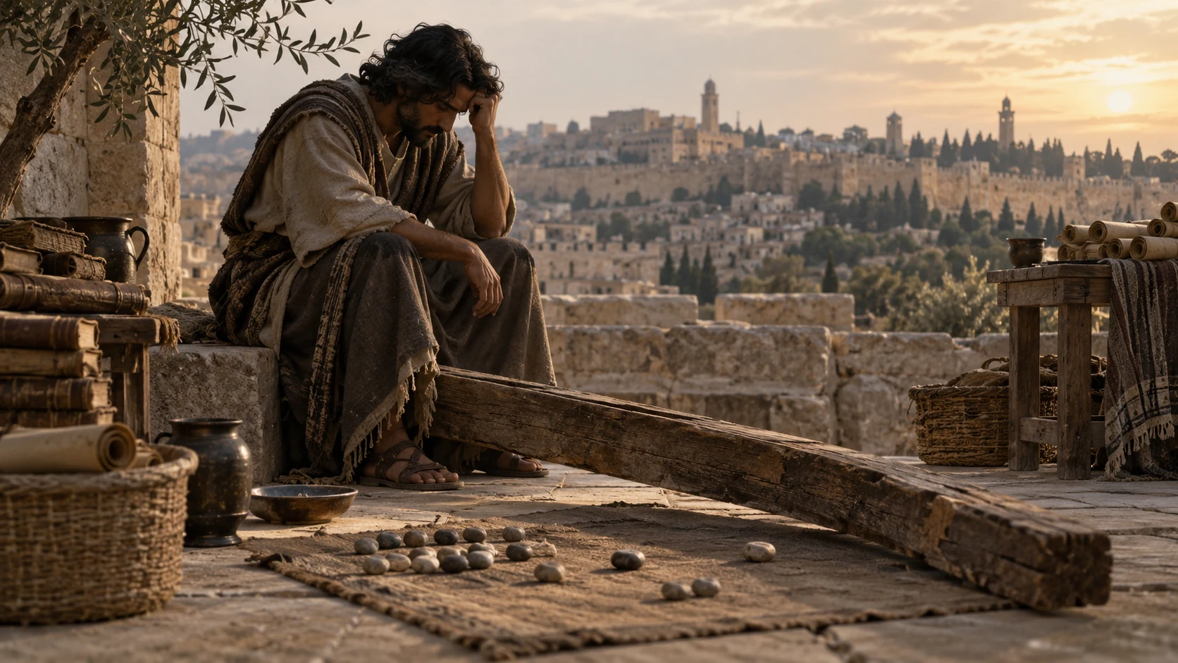 A bowed observer sits beside a crooked wooden beam and an incomplete arrangement of counting stones.
