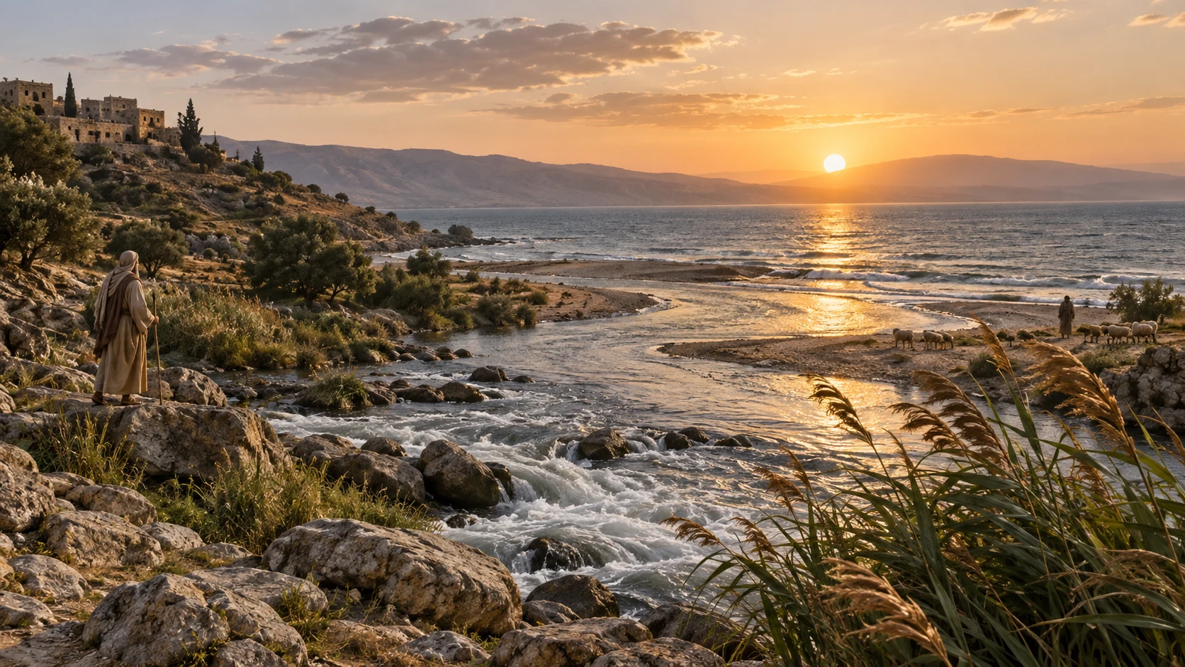 A stream reaches the sea beneath the rising sun; wind bends reeds on the shore.