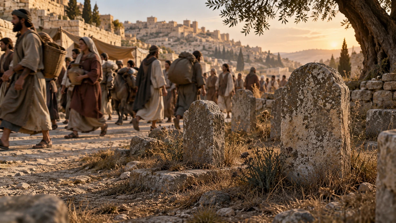 Weathered anonymous burial stones stand beyond a busy road where people pass without looking.