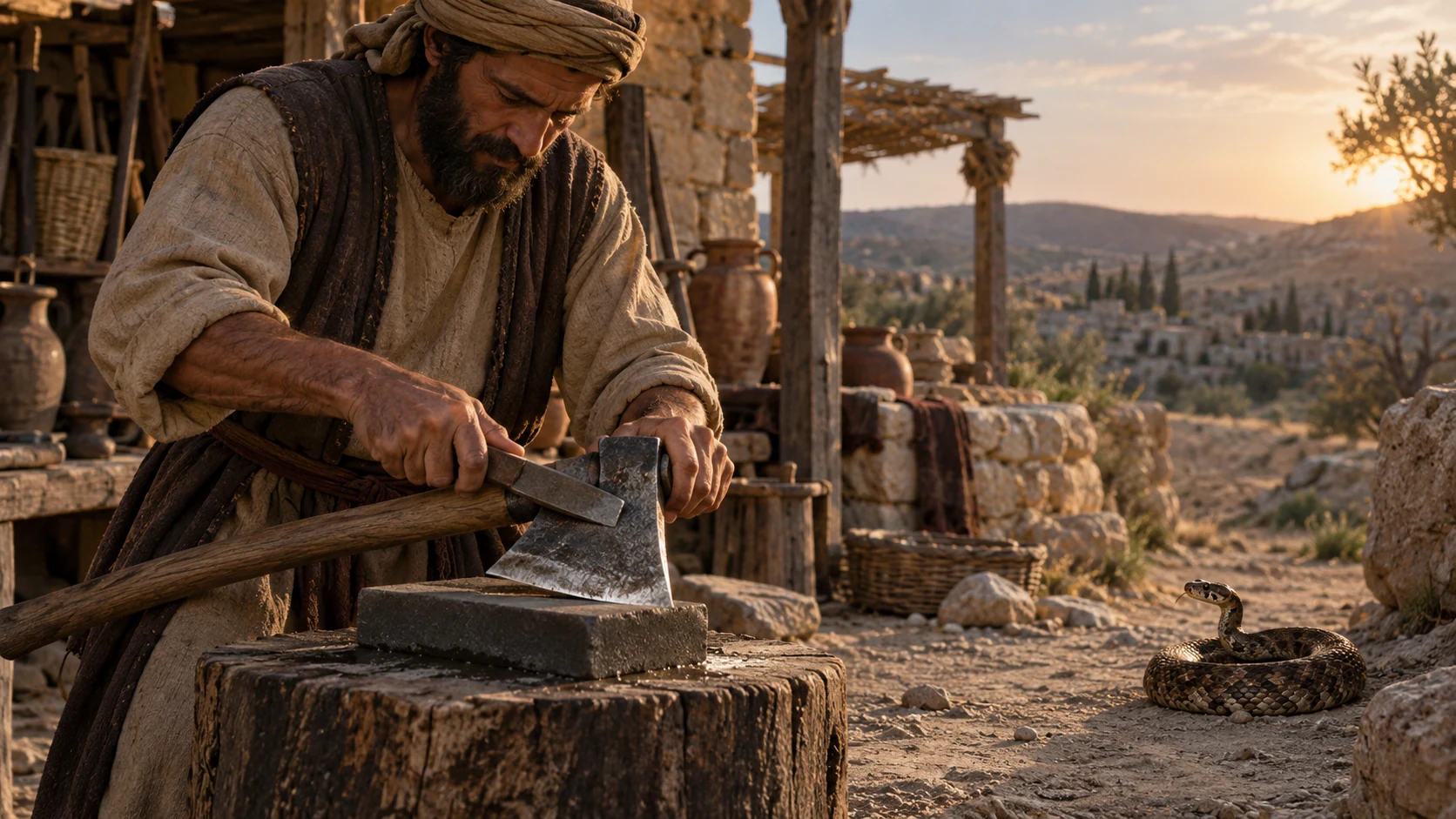 A worker sharpens an iron axe beside a coiled snake at a safe distance, no magical performance.