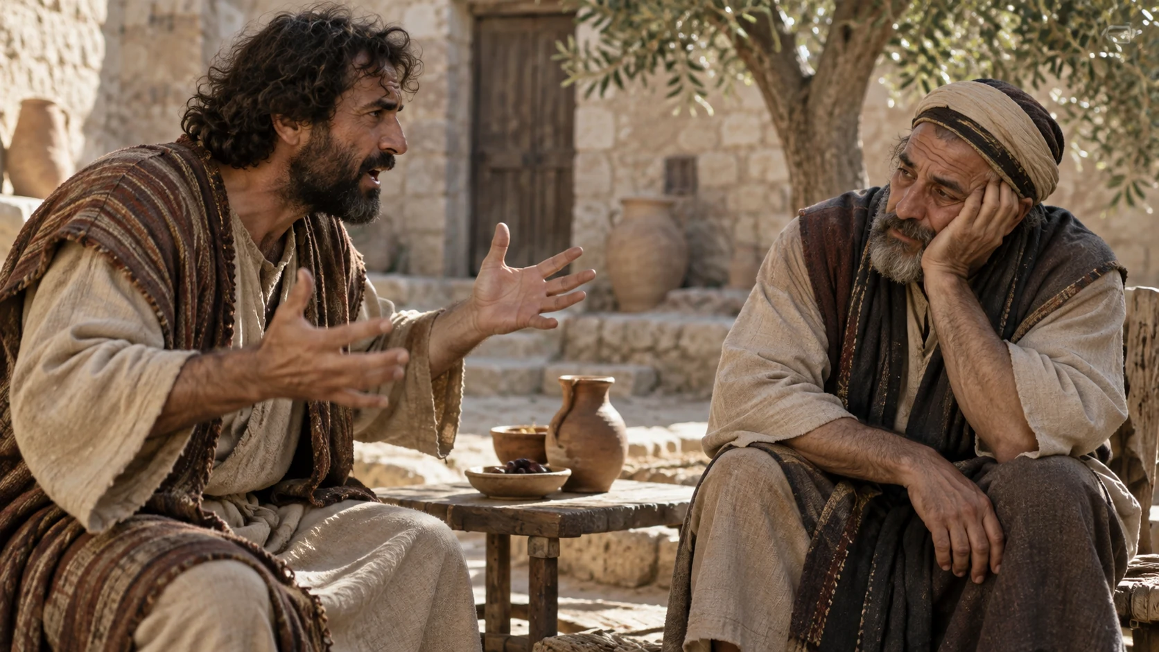 An agitated speaker addresses a tired listener in a plain courtyard, no generated lettering.
