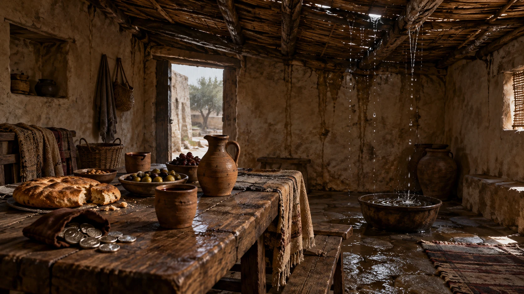 Rain falls through a neglected roof beside a table with bread, earthenware and silver pieces.