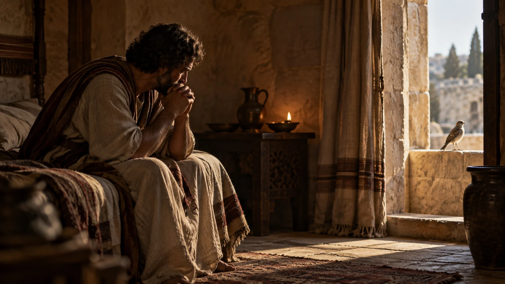 A bird rests near the opening of a private ancient room; metaphor, not a literal spy.