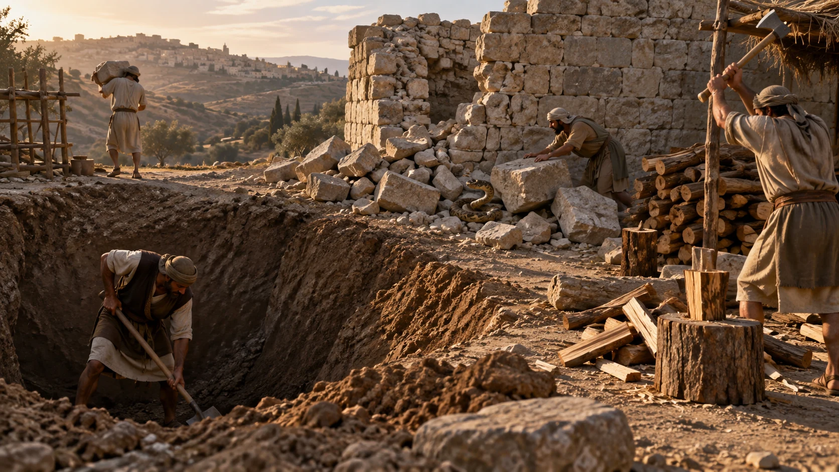 An open pit, breached stone wall and stacked timber mark a work site; no staged injuries.
