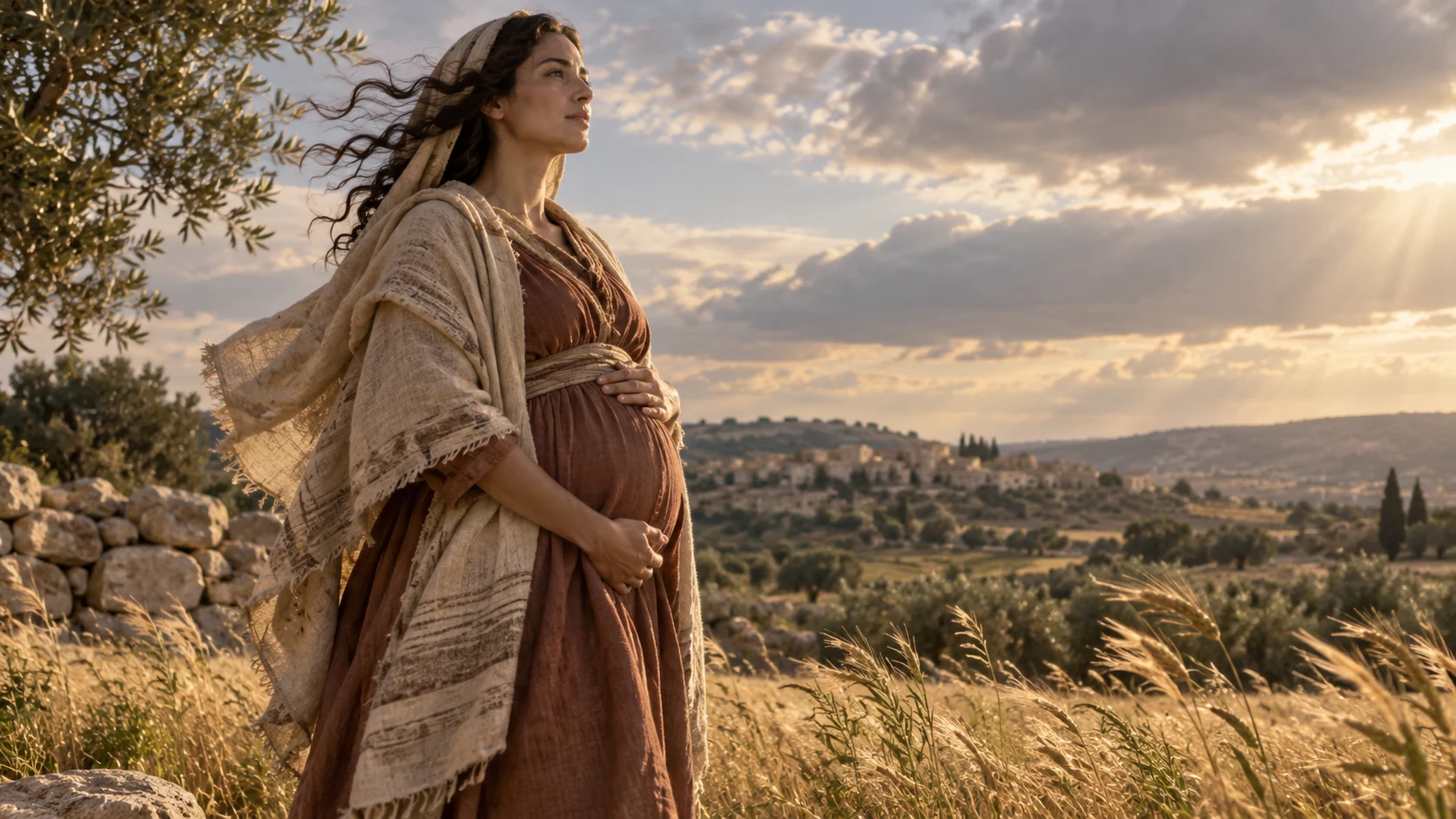 A fully clothed pregnant adult stands in moving air near a field, no exposed anatomy or diagram.