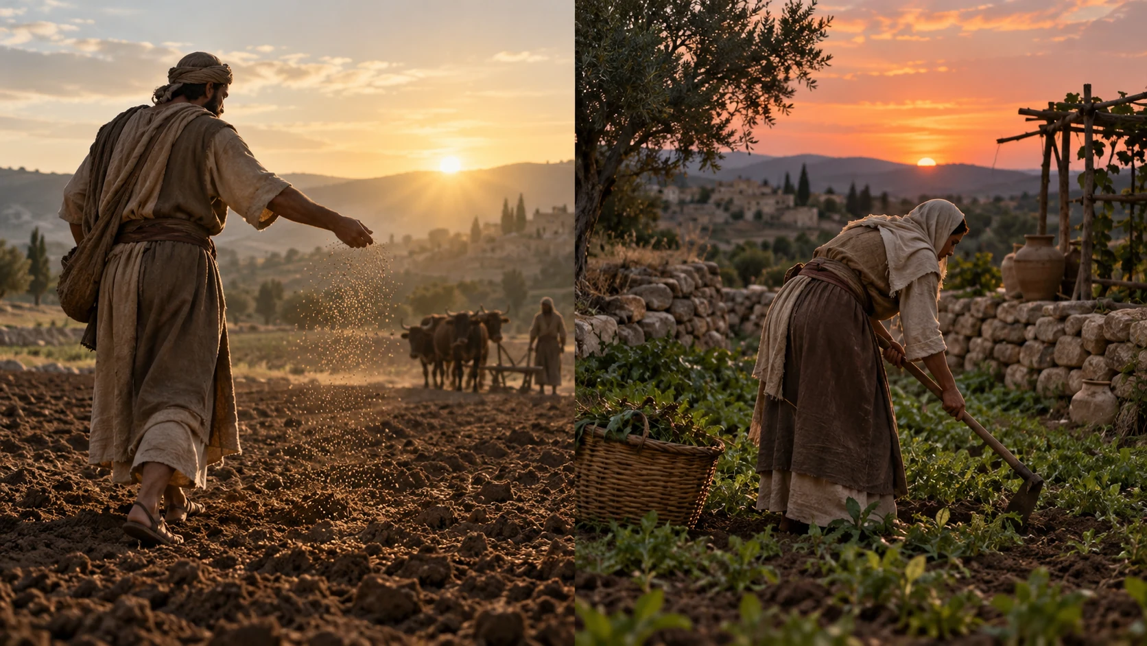 An interpretive paired view of hands sowing at dawn and tending work at dusk.