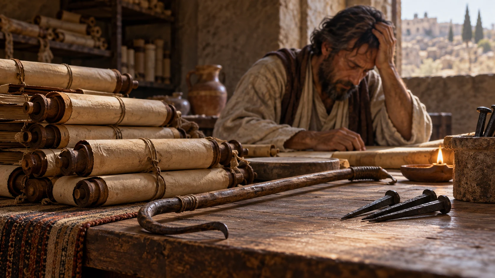 An ordinary goad and firmly set nails rest near many closed scrolls and a weary reader.