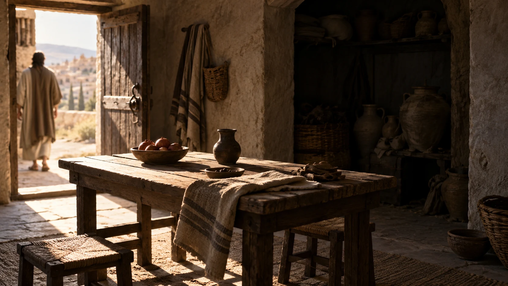 An open doorway casts light onto an ordinary work table and its shaded recess; judgment remains unseen.