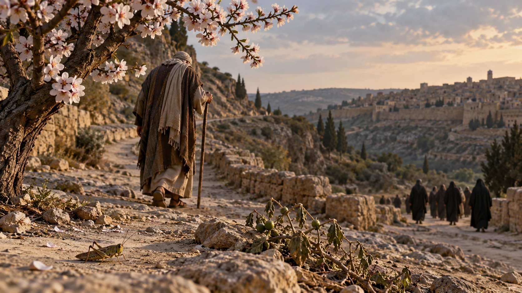An almond tree blossoms beside an older traveler on a cautious road; mourners are distant, a small grasshopper on earth.