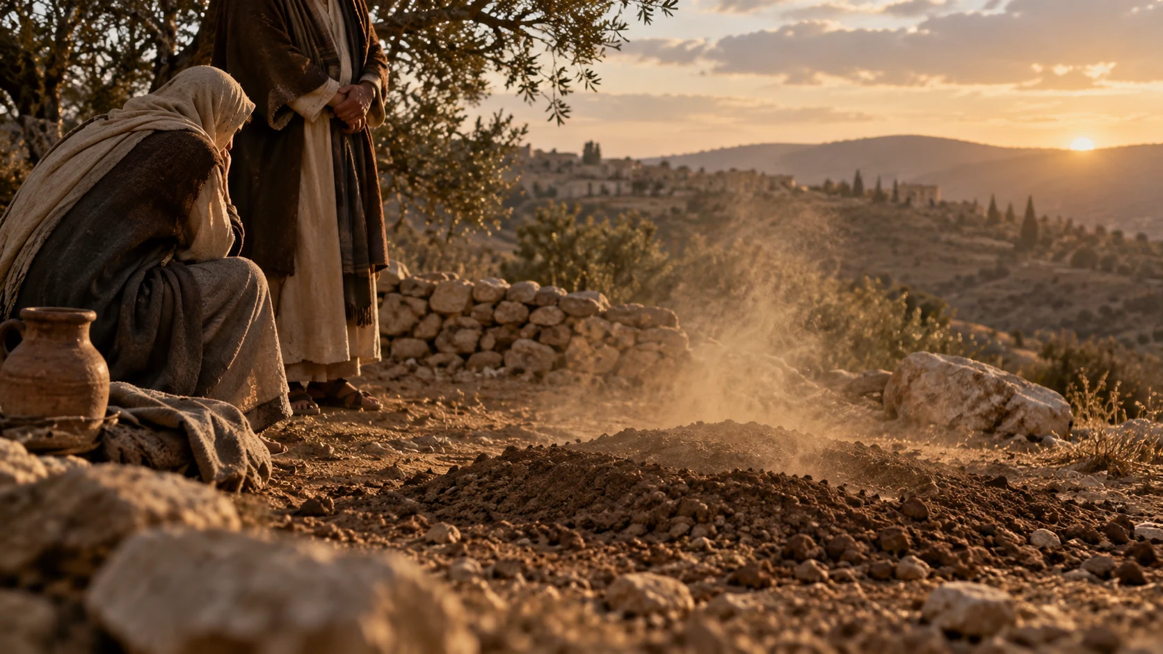 Dry earth receives a faint settling dust cloud; no visible spirit or divine body.