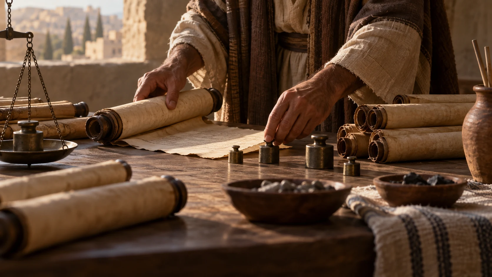 Anonymous hands arrange scrolls and counting weights on a plain table, no readable generated writing.