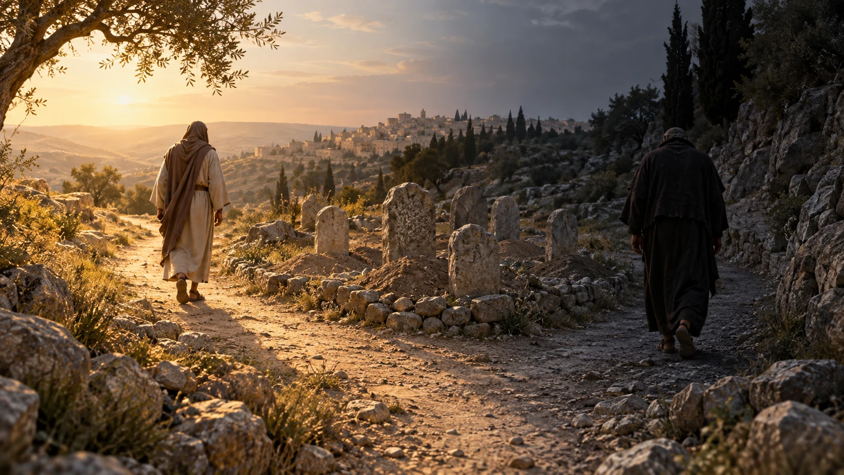 Two anonymous paths, one sunlit and one shaded, converge beside ordinary burial stones.