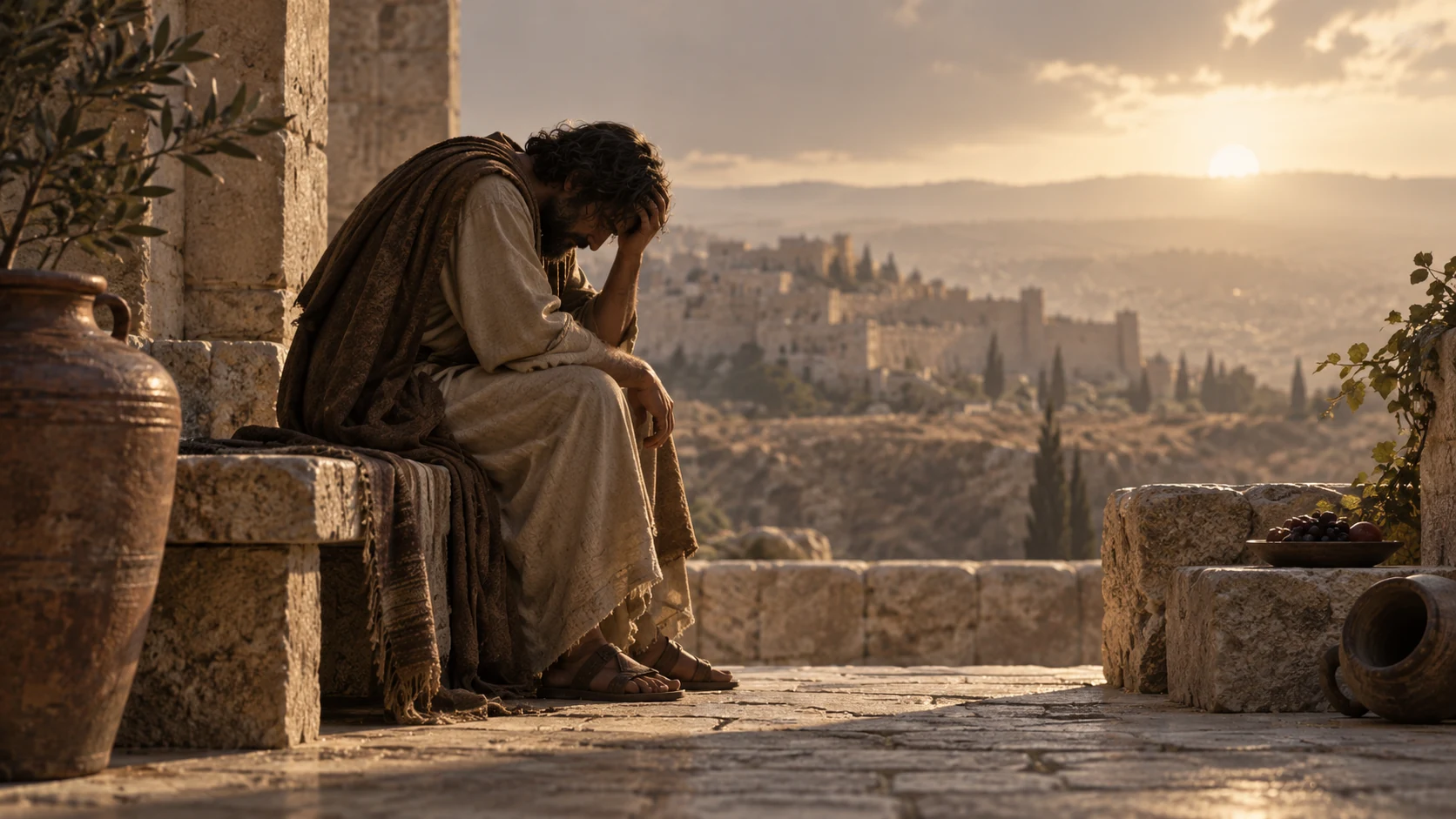 A solitary clothed adult bends forward in grief on a stone bench without self-harm imagery.