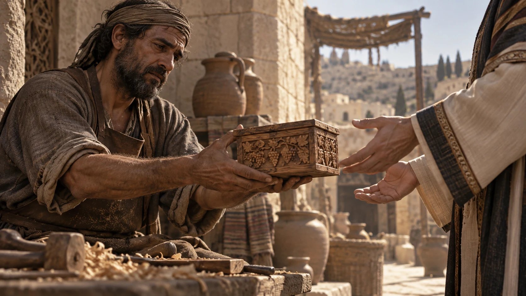 A tired craftsperson relinquishes a finished carved object to another adult with unworked hands.