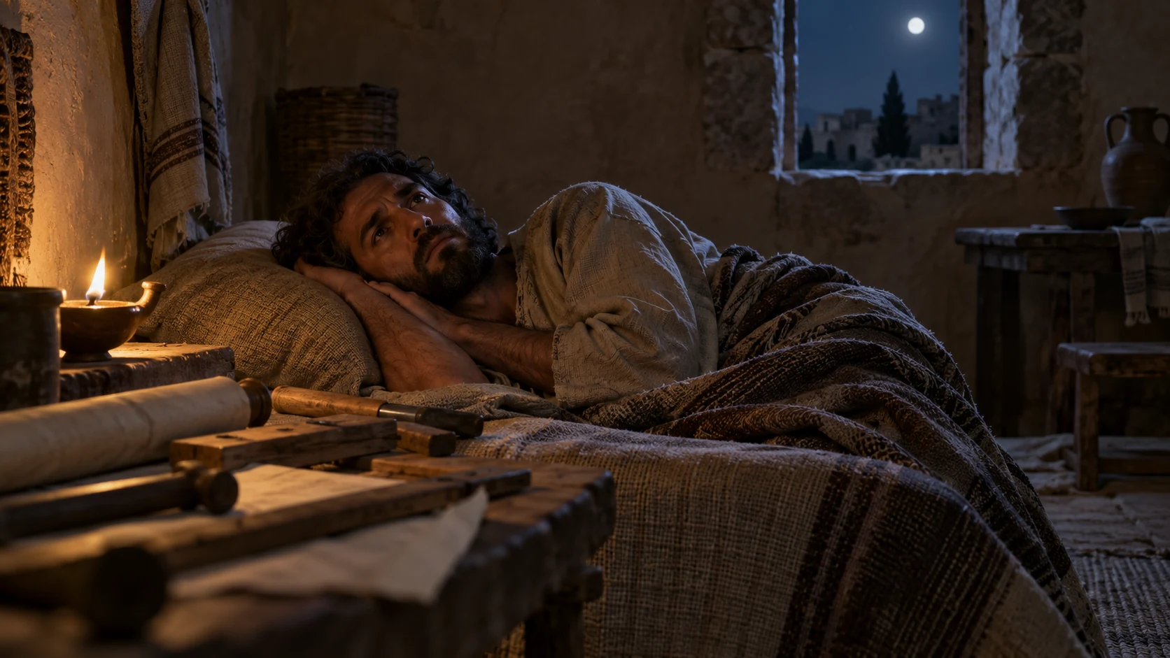 An adult lies awake on a plain bed beside unfinished work while night light touches the room.