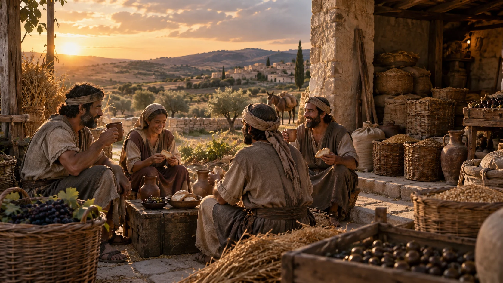 Workers share modest bread and drink near stored harvest baskets; an additional unattended store of goods remains visible.