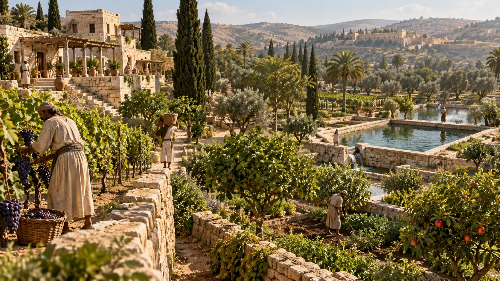 Stone houses, vineyards, garden trees and irrigation pools fill an ancient cultivated estate.