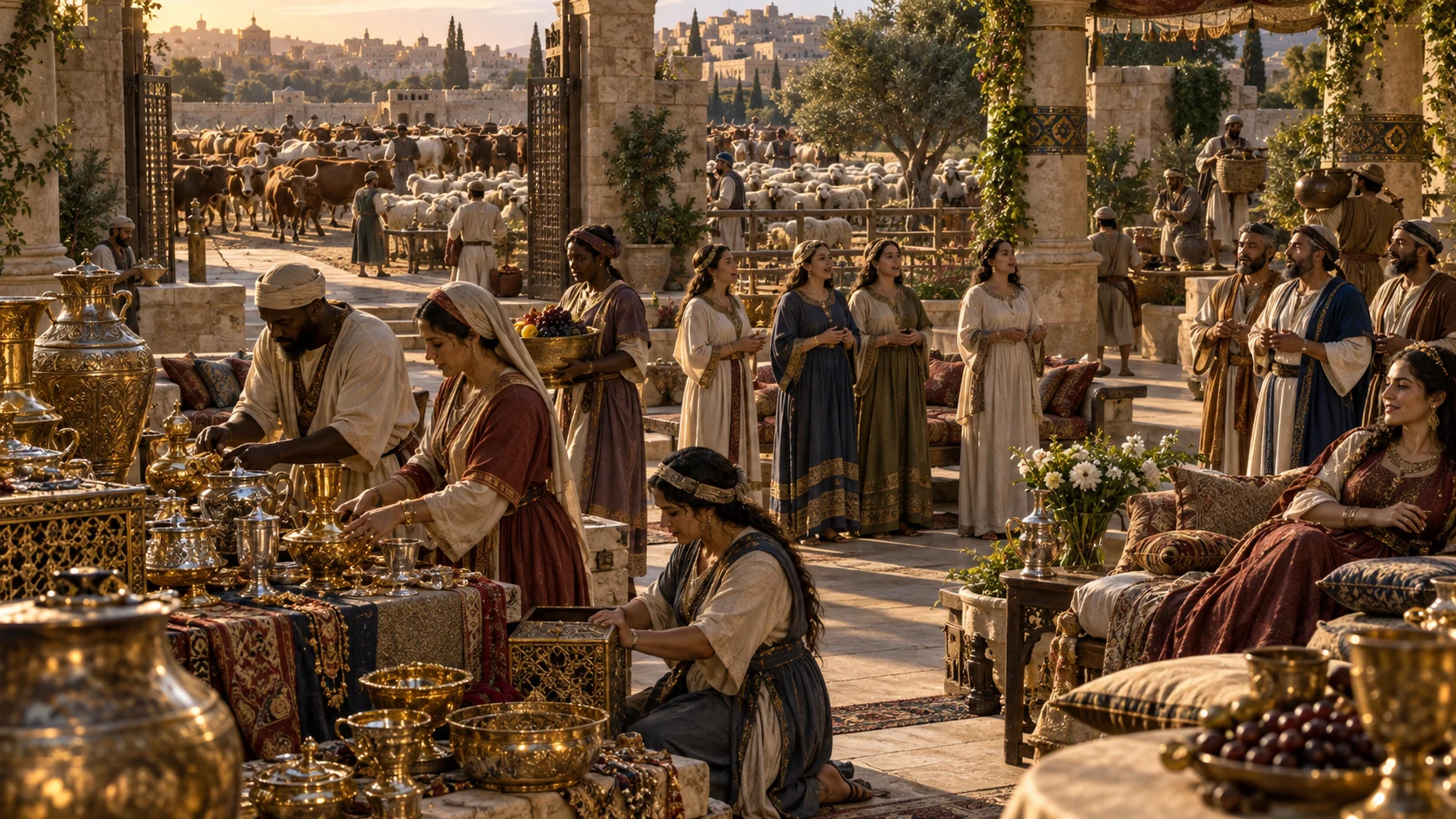 Dignified adult attendants and singers among precious metal vessels, with livestock beyond the gate.