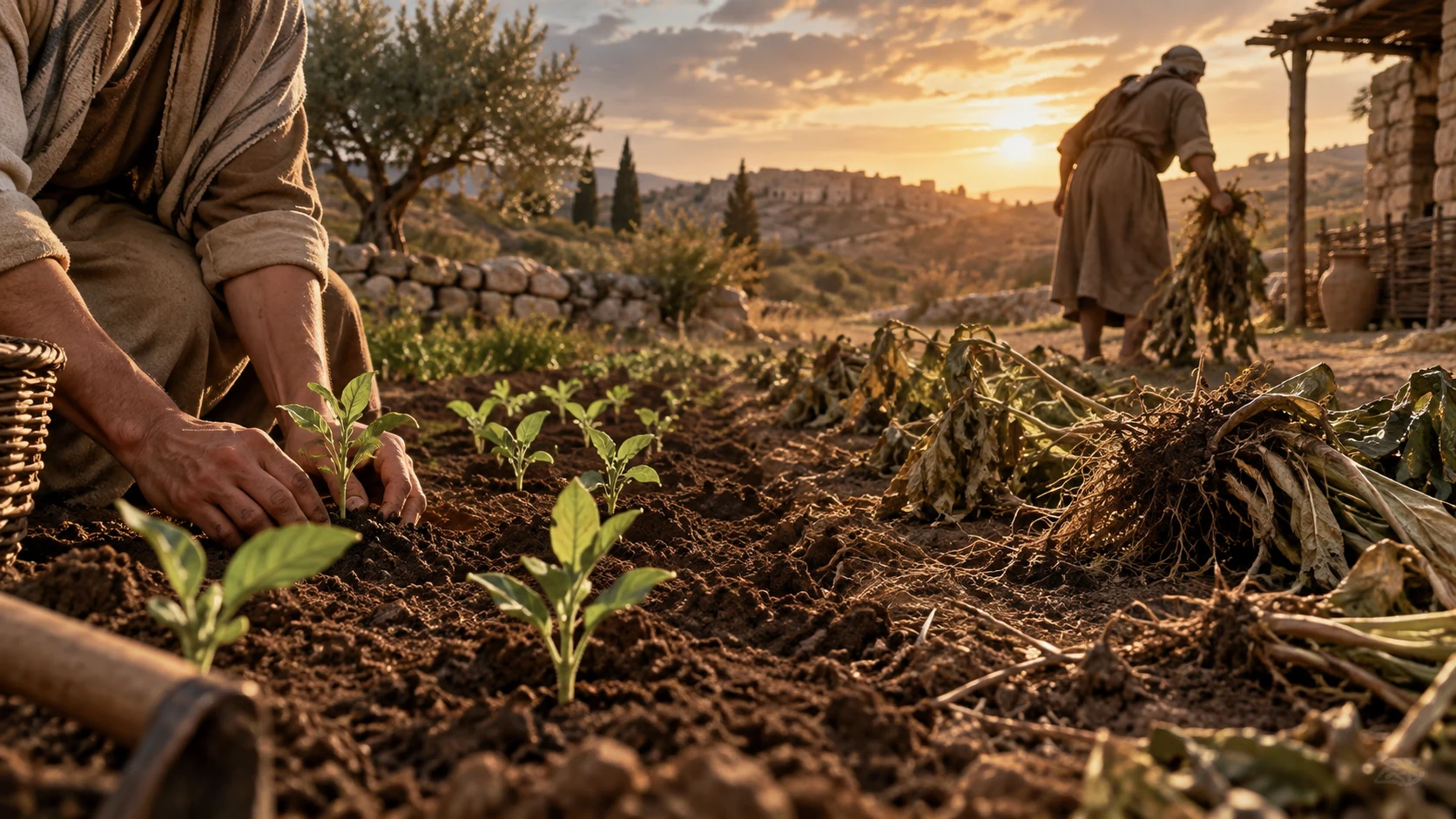 Newly planted seedlings and uprooted mature plants lie in adjacent patches of the same field.