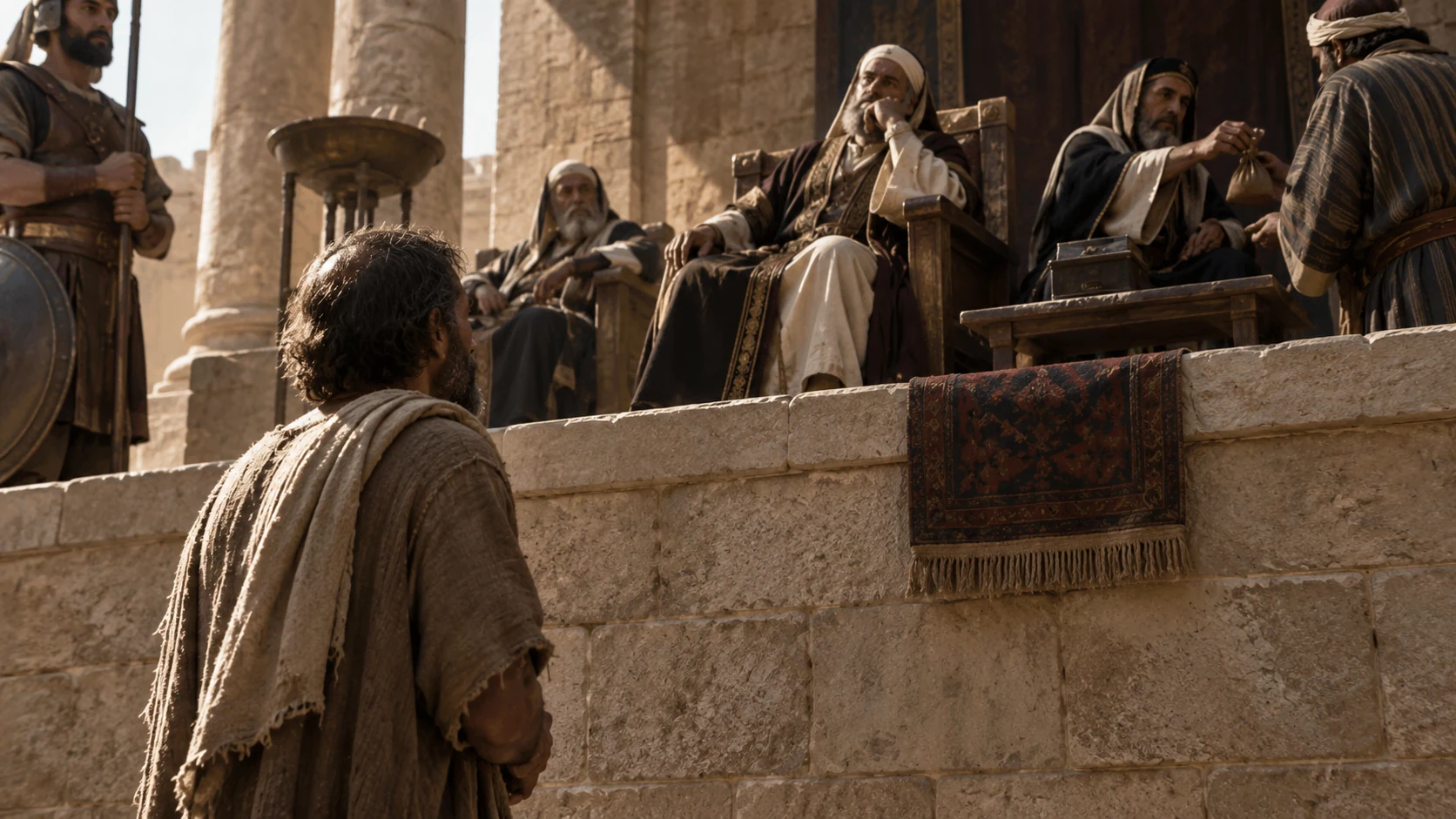 A vulnerable adult waits below elevated officials at an ancient civic judgment seat, power imbalance without invented verdict.