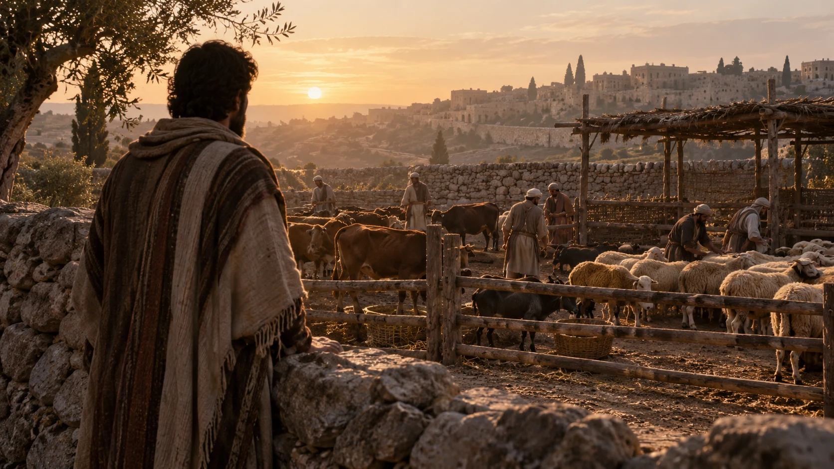 An observer stands apart from the judgment place and looks toward livestock, no depicted divine figure.